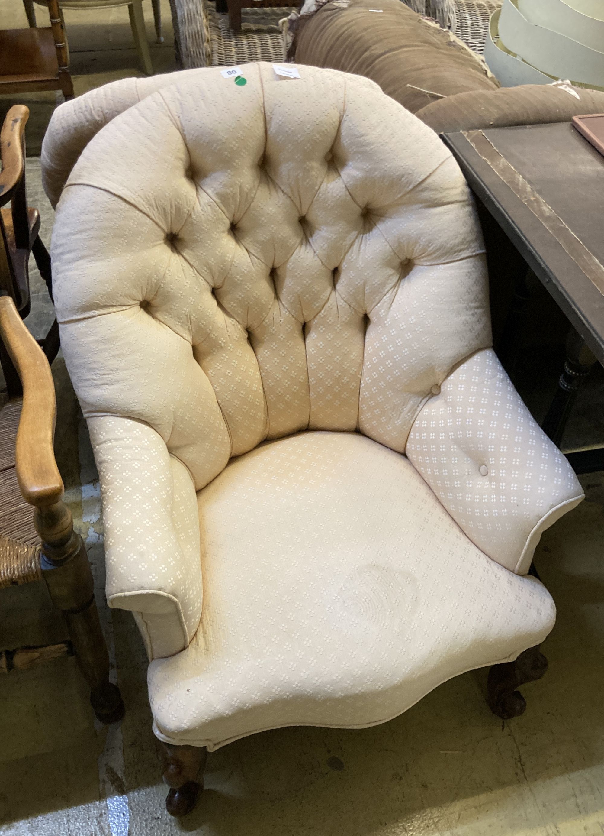 Two Victorian upholstered spoon back buttoned armchairs, larger width 70cm, depth 70cm, height 87cm